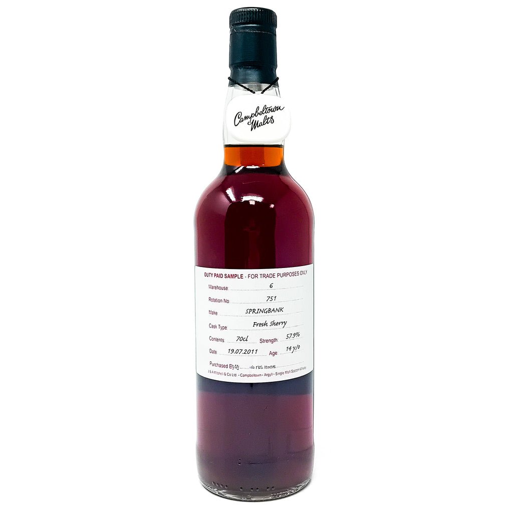 Springbank 2011 14 Year Old Fresh Sherry Cask Duty Paid Sample Single Malt Scotch Whisky, 70cl, 57.9% ABV. Springbank 2011 14 Year Old Fresh Sherry Cask Duty Paid Sample Single Malt Scotch Whisky, 70cl, 57.9% ABV.